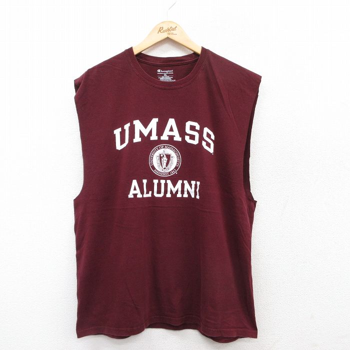 XL★古着 チャンピオン Champion ノースリーブ Tシャツ メンズ UMASS カレッジ コットン クルーネック エンジ 25jul12 中古