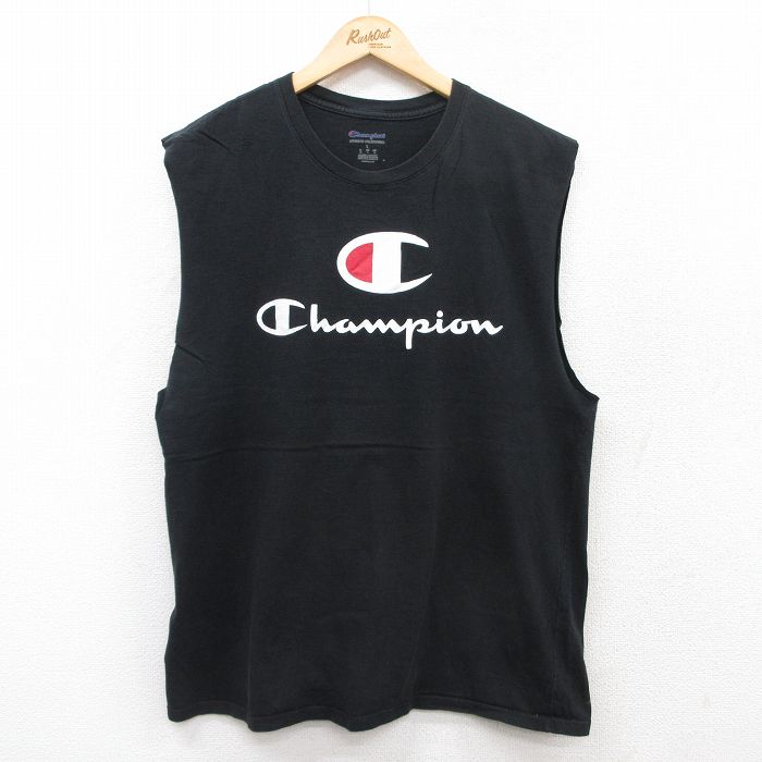 L★古着 チャンピオン Champion ノースリーブ Tシャツ メンズ ビッグロゴ コットン クルーネック 黒 ブラック 25jul12 中古