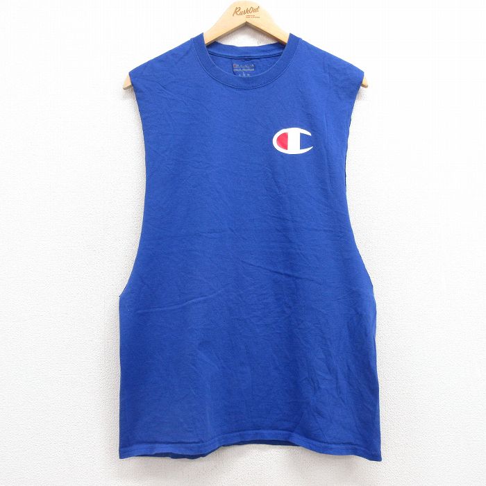 【50%OFF】L★古着 チャンピオン Champion ノースリーブ Tシャツ メンズ ワンポイントロゴ コットン クルーネック 青 ブルー 25jul12 中古