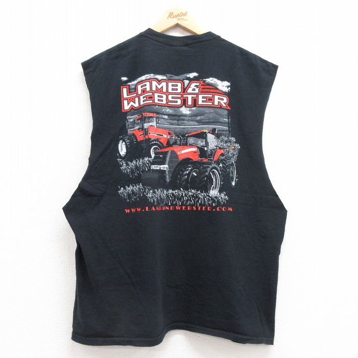 XL★古着 ビンテージ ノースリーブ Tシャツ メンズ 00年代 00s トラクター 胸ポケット付き 大きいサイズ コットン クルーネック 黒 ブラック 25jul12 中古