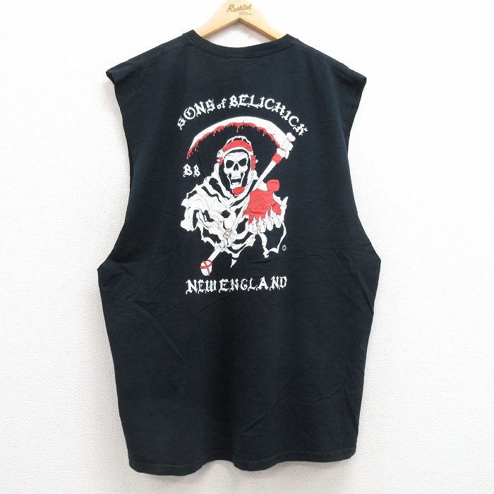 XL★古着 ビンテージ ノースリーブ Tシャツ メンズ 00年代 00s 死神 ニューイングランド 大きいサイズ コットン クルーネック 黒 ブラック 25jul12 中古