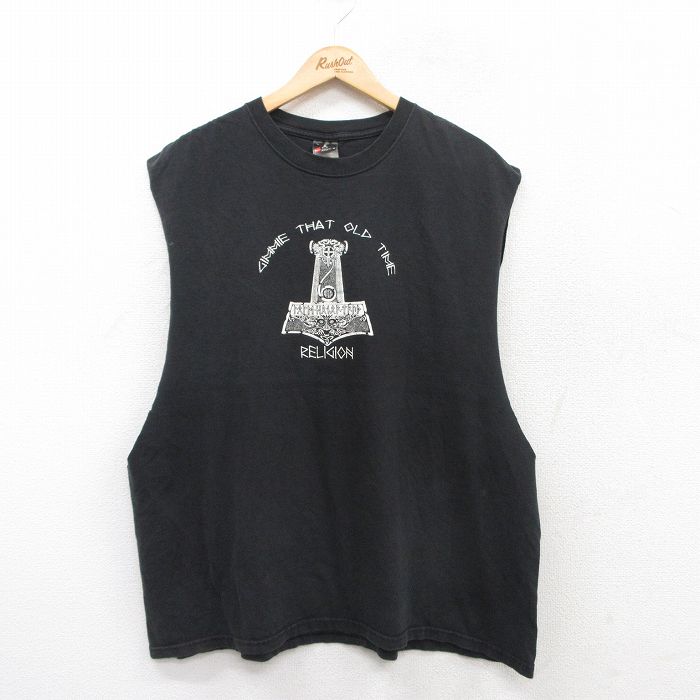 【50%OFF】XL★古着 ヘインズ Hanes ノースリーブ ビンテージ Tシャツ メンズ 00年代 00s RELIGION 大きいサイズ コットン クルーネック 黒 ブラック 25jul12 中古