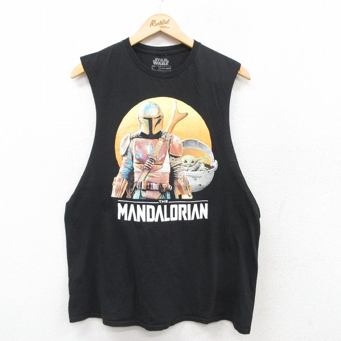 L★古着 ノースリーブ Tシャツ メンズ スターウォーズ STAR WARS マンダロリアン コットン クルーネック 黒 ブラック 25jul12 中古