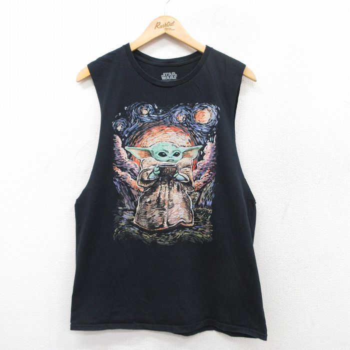 L★古着 ノースリーブ Tシャツ メンズ スターウォーズ STAR WARS グローグー ベビーヨーダ コットン クルーネック 黒 ブラック 25jul12 中古