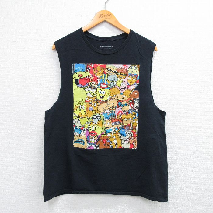 L★古着 ノースリーブ Tシャツ メンズ アニメ ニコロデオン スポンジボブ ラグラッツ コットン クルーネック 黒 ブラック 25jul12 中古