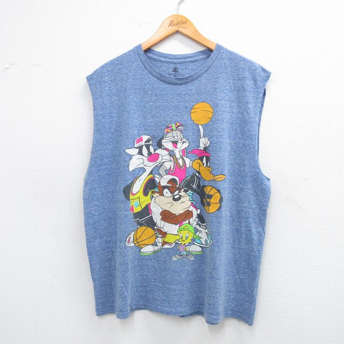 XL★古着 ノースリーブ Tシャツ メンズ ルーニーテューンズ LOONEY TUNES バッグスバニー タズ バスケットボール コットン クルーネック 薄紺 ネイビー 霜降り 25jul12 中古