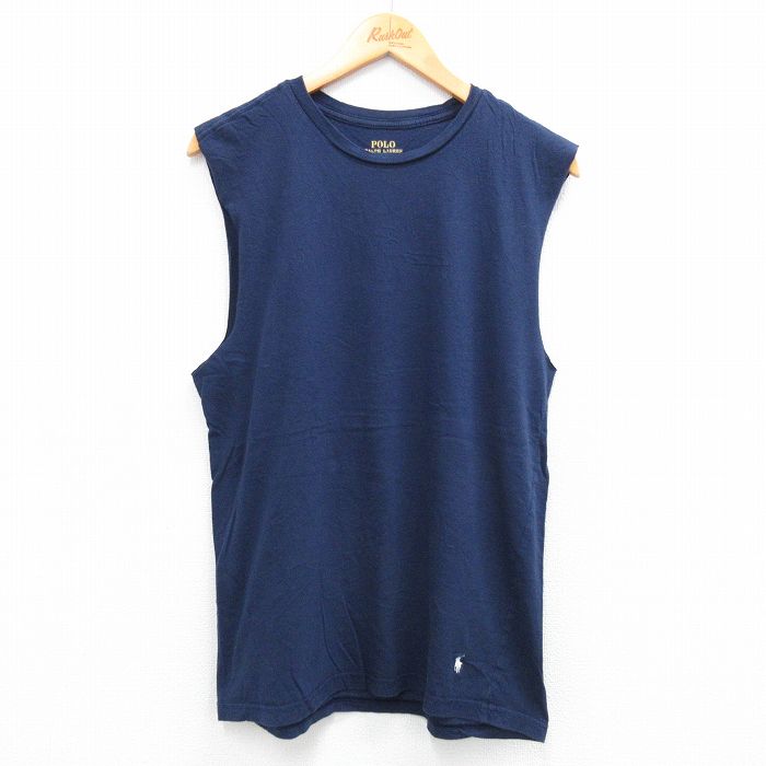 M★古着 ラルフローレン Ralph Lauren ノースリーブ ブランド Tシャツ メンズ ワンポイントロゴ コットン クルーネック 紺 ネイビー 25jul12 中古
