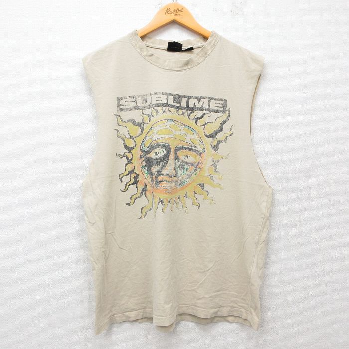 【50%OFF】XL★古着 ノースリーブ ロック バンド Tシャツ メンズ サブライム コットン クルーネック ベージュ カーキ 25jul12 中古