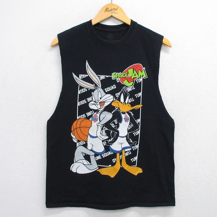 M★古着 ノースリーブ Tシャツ メンズ ルーニーテューンズ LOONEY TUNES バッグスバニー ダフィーダック スペースジャム コットン クルーネック 黒 ブラック 25jul14 中古