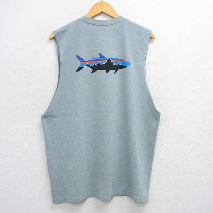 XL★古着 パタゴニア patagonia ノースリーブ Tシャツ メンズ ビッグロゴ 魚 クルーネック グレー系 25jul14 中古