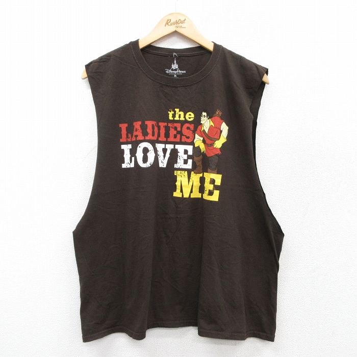XL★古着 ノースリーブ Tシャツ メンズ ディズニー DISNEY 美女と野獣 ガストン 大きいサイズ コットン クルーネック 茶 ブラウン 25jul14 中古