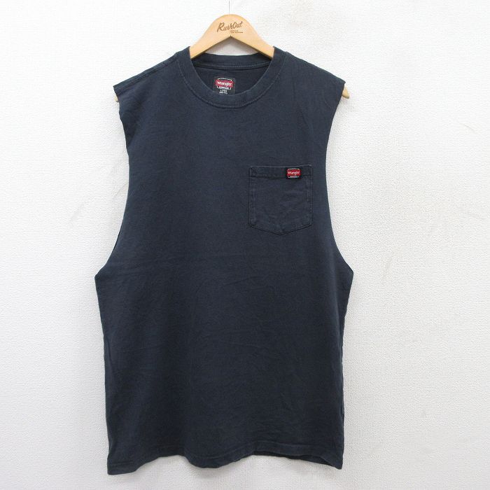【50%OFF】L★古着 ラングラー Wrangler ノースリーブ Tシャツ メンズ 胸ポケット付き コットン クルーネック 紺 ネイビー 25jul14 中古