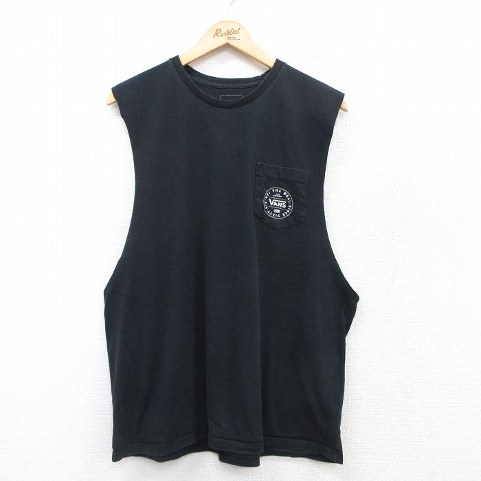 【50%OFF】XL★古着 バンズ VANS ノースリーブ Tシャツ メンズ ワンポイントロゴ 胸ポケット付き コットン クルーネック 黒 ブラック 25jul14 中古