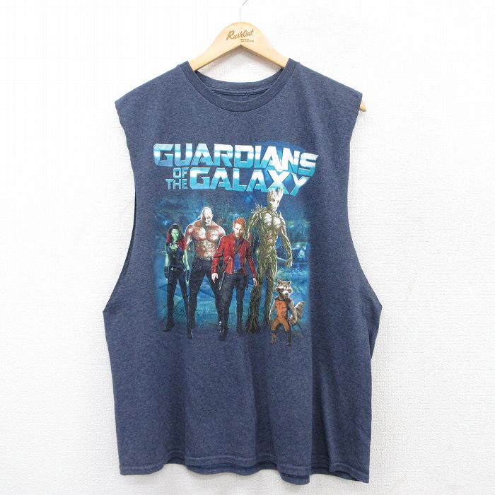 XL★古着 ノースリーブ Tシャツ メンズ マーベル ガーディアンズオブギャラクシー クルーネック 紺 ネイビー 霜降り 25jul14 中古
