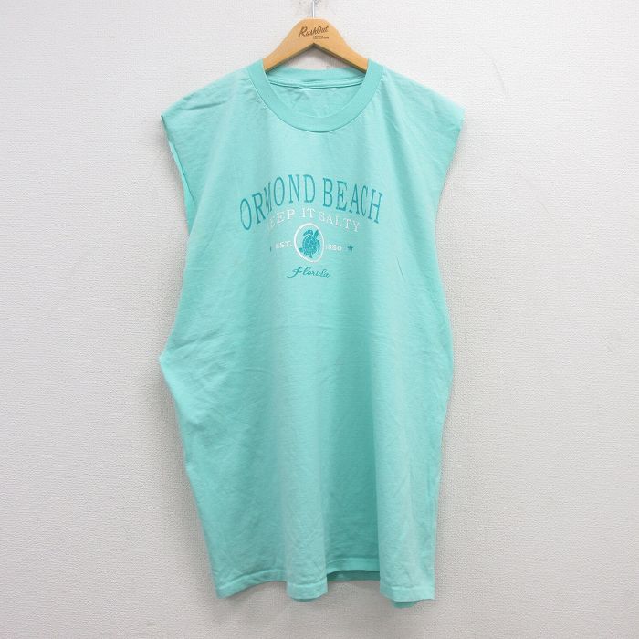 【20%OFF】XL★古着 ビンテージ ノースリーブ Tシャツ メンズ 00年代 00s オーモンドビーチ 大きいサイズ ロング丈 クルーネック 薄青緑 25jul17 中古