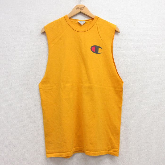 L★古着 チャンピオン Champion ノースリーブ Tシャツ メンズ ワンポイントロゴ クルーネック 黄 イエロー 25jul17 中古