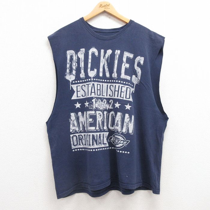 XL★古着 ディッキーズ Dickies ノースリーブ Tシャツ メンズ ビッグロゴ 大きいサイズ コットン クルーネック 紺 ネイビー 25jul17 中古