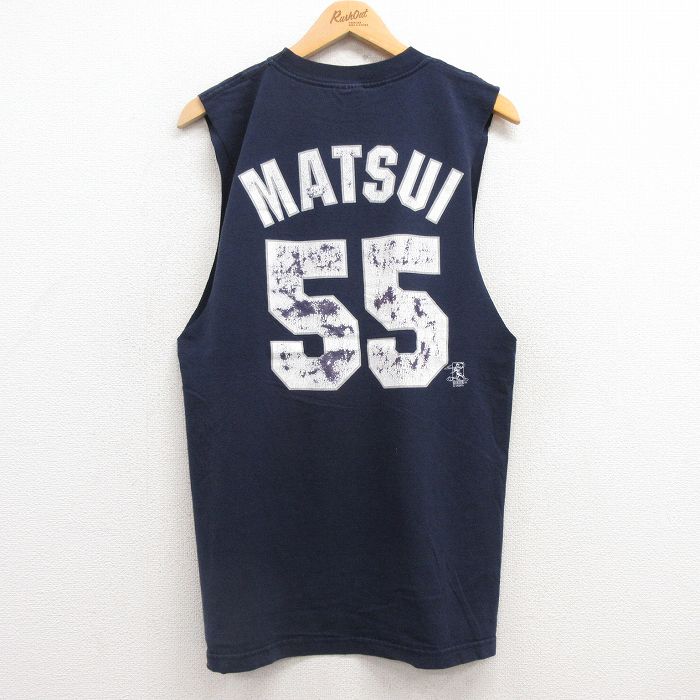 M★古着 マジェスティック ビンテージ ノースリーブ Tシャツ メンズ 00年代 00s MLB ニューヨークヤンキース 松井秀喜 SS コットン クルーネック 紺 ネイビー メジャーリーグ ベースボール 野球 【spe】 25jul17 中古