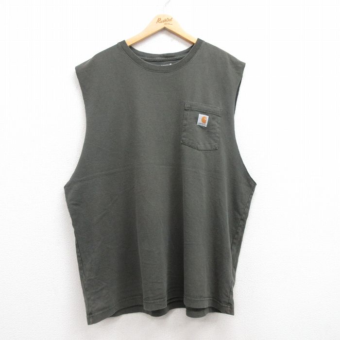 【20%OFF】XL★古着 カーハート Carhartt ノースリーブ Tシャツ メンズ 胸ポケット付き 大きいサイズ ロング丈 コットン クルーネック 緑 グリーン 25jul17 中古