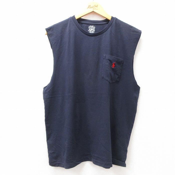 L★古着 ラルフローレン Ralph Lauren ノースリーブ ブランド Tシャツ メンズ ワンポイントロゴ 胸ポケット付き コットン クルーネック 紺 ネイビー 25jul17 中古