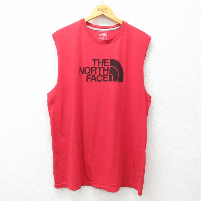 L★古着 ノースフェイス THE NORTH FACE ノースリーブ Tシャツ メンズ ビッグロゴ コットン クルーネック 赤 レッド 25jul17 中古