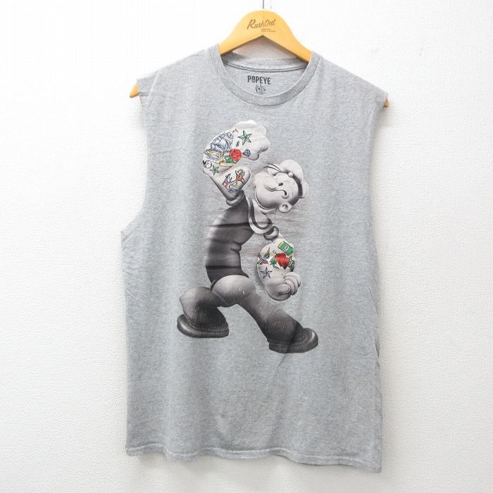 【50%OFF】L★古着 ノースリーブ Tシャツ メンズ アニメ ポパイ クルーネック グレー 霜降り 25jul17 中古