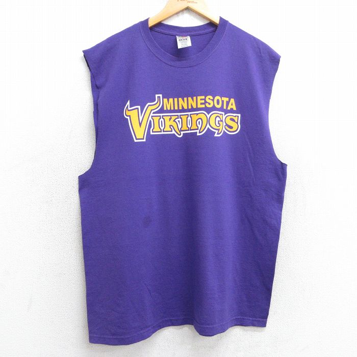 XL★古着 フルーツオブザルーム ノースリーブ ビンテージ Tシャツ メンズ 00年代 00s NFL ミネソタバイキングス クルーネック 紫 パープル アメフト スーパーボウル 25jul17 中古