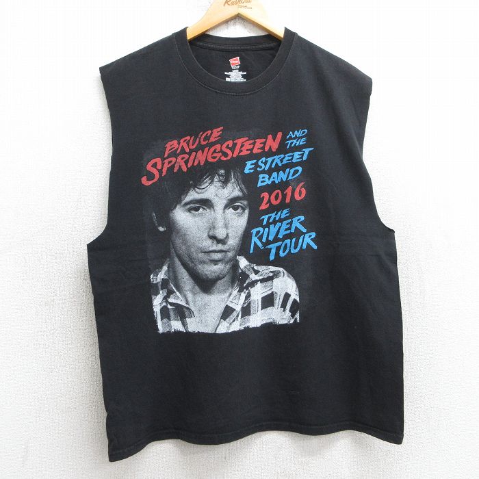 L★古着 ヘインズ Hanes ノースリーブ ロック バンド Tシャツ メンズ ブルーススプリングスティーン コットン クルーネック 黒 ブラック 25jul17 中古