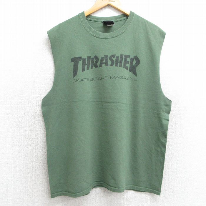 L★古着 スラッシャー ノースリーブ Tシャツ メンズ ビッグロゴ コットン クルーネック 濃緑 グリーン 25jul17 中古