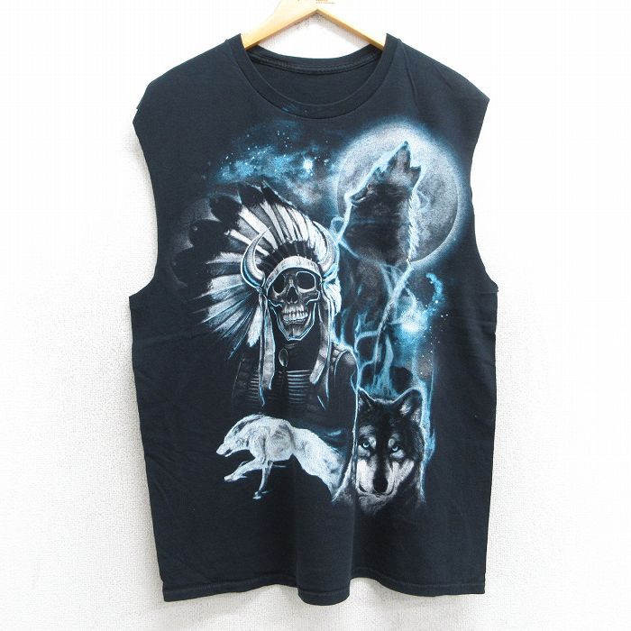 【20%OFF】L★古着 ノースリーブ Tシャツ メンズ スケルトン オオカミ クルーネック 黒 ブラック 25jul17 中古