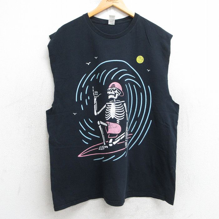XL★古着 フルーツオブザルーム ノースリーブ Tシャツ メンズ スケルトン コットン クルーネック 黒 ブラック 25jul17 中古