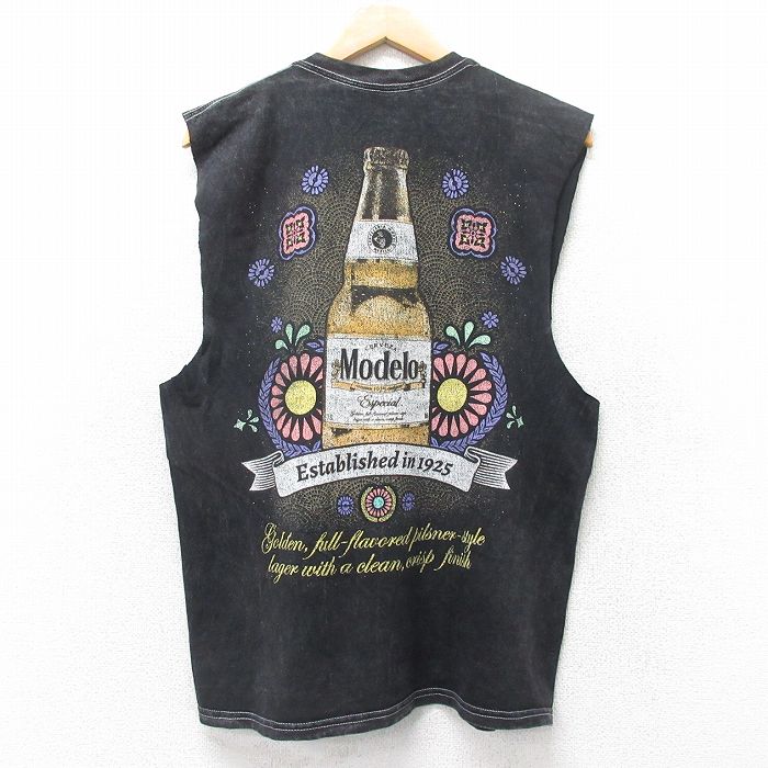 L★古着 リップルジャンクション ノースリーブ Tシャツ メンズ モデロ ビール コットン クルーネック 黒他 ブラック 25jul17 中古