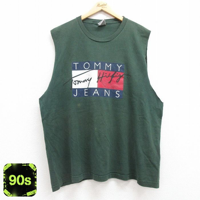 トミーヒルフィガー 90s ノースリーブTシャツ ビッグロゴ グリーン XL | 古着