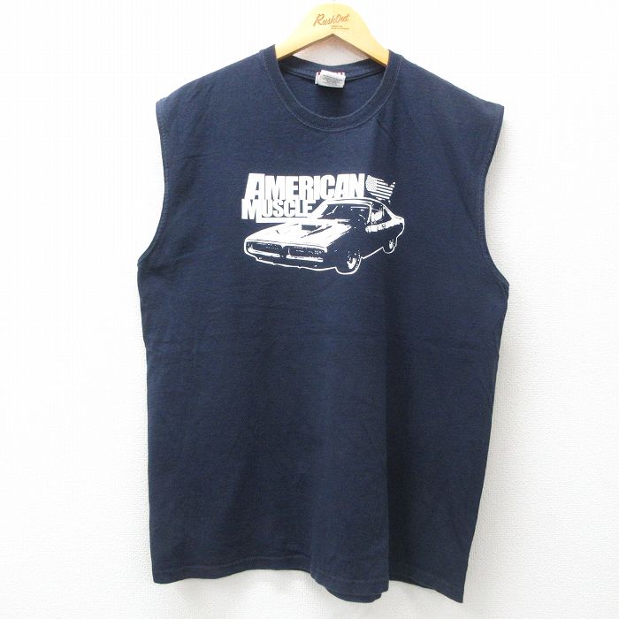 XL★古着 ノースリーブ Tシャツ メンズ 車 クラシックカー コットン クルーネック 濃紺 ネイビー 25jul17 中古