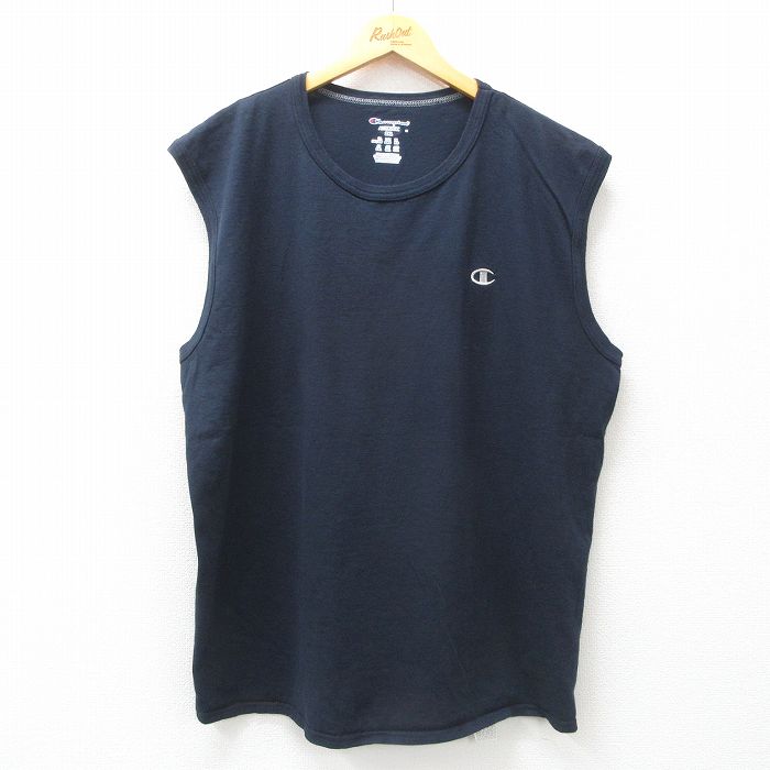 【50%OFF】XL★古着 チャンピオン champion ノースリーブ Tシャツ メンズ ワンポイントロゴ 大きいサイズ コットン クルーネック 濃紺 ネイビー 25jul17 中古