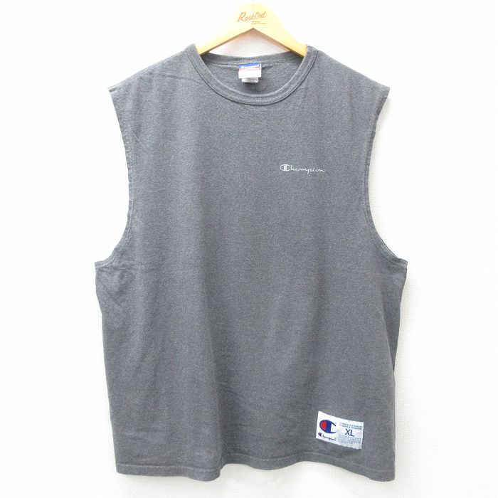 【50%OFF】XL★古着 チャンピオン champion ノースリーブ ビンテージ Tシャツ メンズ 00年代 00s ワンポイントロゴ 大きいサイズ コットン クルーネック 濃グレー 霜降り 25jul17 中古