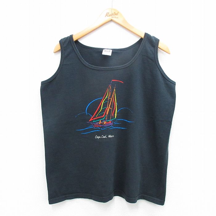 L★古着 ビンテージ タンクトップ メンズ 90年代 90s ヨット ケープコッド コットン クルーネック USA製 黒 ブラック 25jul18 中古