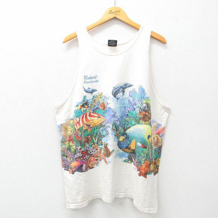 XL★古着 ビンテージ タンクトップ メンズ 90年代 90s 魚 イルカ コットン クルーネック USA製 白 ホワイト 【spe】 25jul18 中古