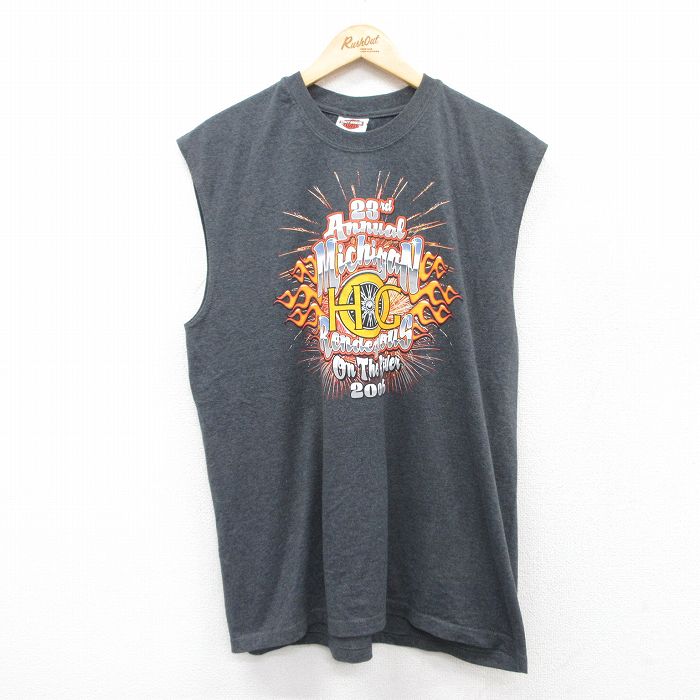 L★古着 ハーレーダビッドソン Harley Davidson ノースリーブ ビンテージ Tシャツ メンズ 00年代 00s ミシガン バイク クルーネック USA製 濃グレー 霜降り 【spe】 25jul18 中古