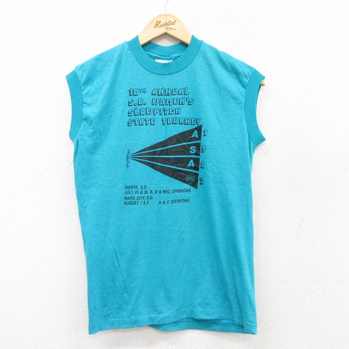【50%OFF】M★古着 ノースリーブ ビンテージ Tシャツ メンズ 80年代 80s ASA クルーネック USA製 水色 25jul18 中古
