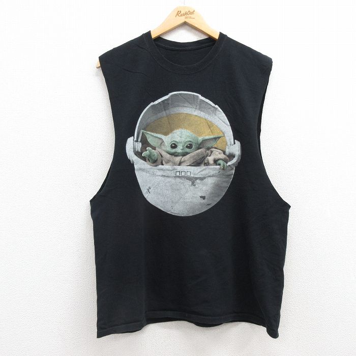 L★古着 ノースリーブ Tシャツ メンズ スターウォーズ STAR WARS ベビーヨーダ クルーネック 黒 ブラック 25jul19 中古