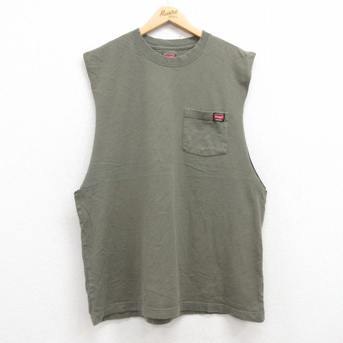 XL★古着 ラングラー Wrangler ノースリーブ Tシャツ メンズ 胸ポケット付き コットン クルーネック 濃緑 グリーン 25jul19 中古