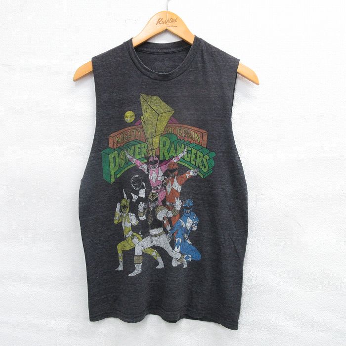 M★古着 ノースリーブ Tシャツ メンズ パワーレンジャー クルーネック 濃グレー 霜降り 25jul19 中古