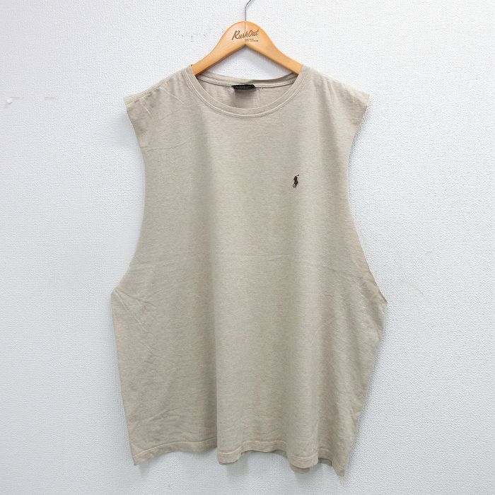 XL★古着 ラルフローレン Ralph Lauren ノースリーブ ブランド Tシャツ メンズ ワンポイントロゴ 大きいサイズ コットン クルーネック ベージュ カーキ 25jul19 中古