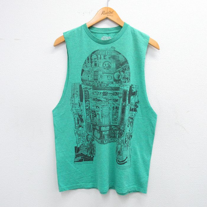 M★古着 ノースリーブ Tシャツ メンズ スターウォーズ STAR WARS R2D2 クルーネック 緑 グリーン 霜降り 25jul19 中古