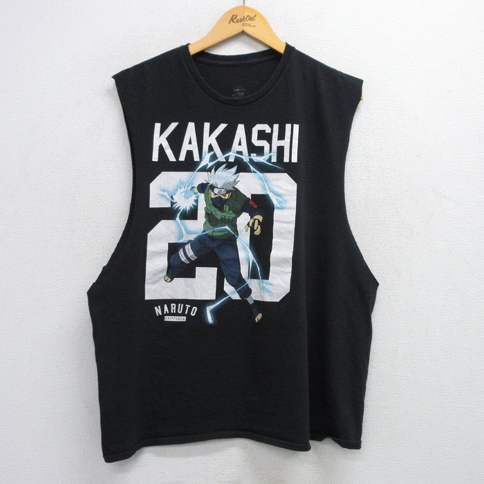 XL★古着 ノースリーブ Tシャツ メンズ アニメ ナルト疾風伝 はたけカカシ クルーネック 黒 ブラック 25jul19 中古