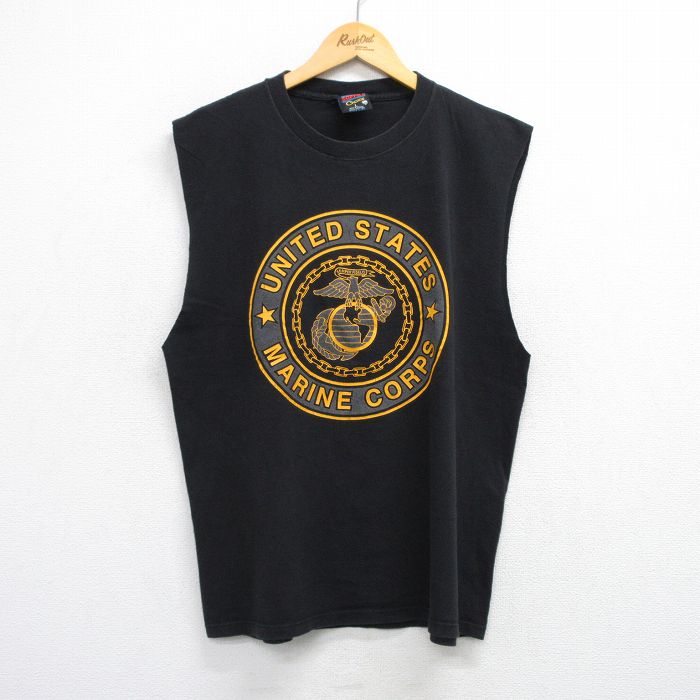 XL★古着 ノースリーブ ビンテージ Tシャツ メンズ 90年代 90s ミリタリー USMC リフレクター コットン クルーネック USA製 黒 ブラック 25jul19 中古