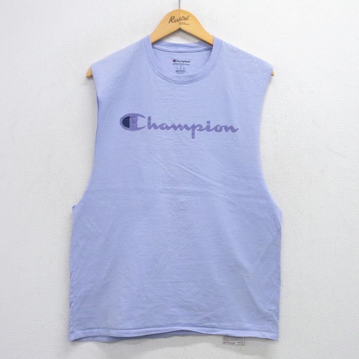L★古着 チャンピオン Champion ノースリーブ Tシャツ メンズ ビッグロゴ コットン クルーネック 薄紫 パープル 25jul19 中古