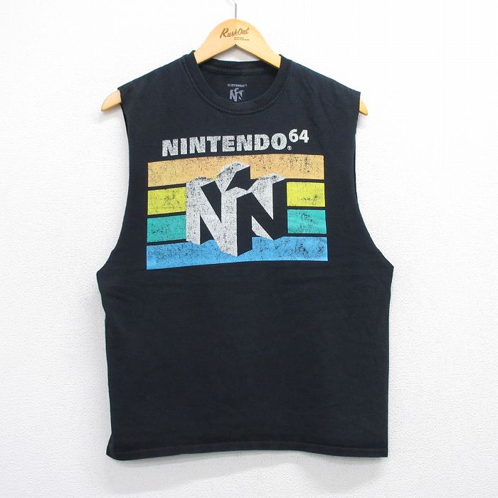 M★古着 ノースリーブ Tシャツ メンズ ゲーム ニンテンドー64 コットン クルーネック 黒 ブラック 25jul19 中古