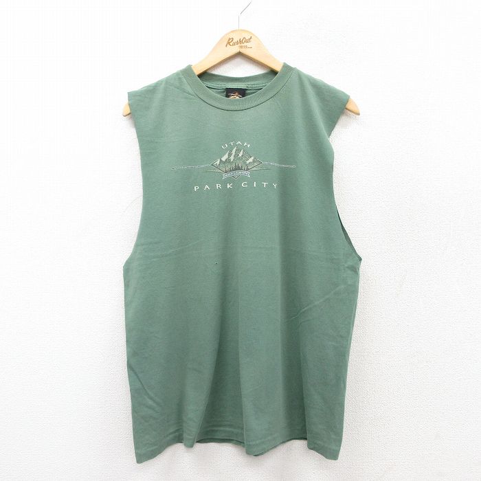 【50%OFF】L★古着 ノースリーブ ビンテージ Tシャツ メンズ 90年代 90s UTAH PARK CITY 胸ポケット付き コットン クルーネック USA製 緑 グリーン 25jul19 中古